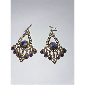 Chandelier Earrings Gold Tone Blue And Clear Accents Decorative Dangle Boho